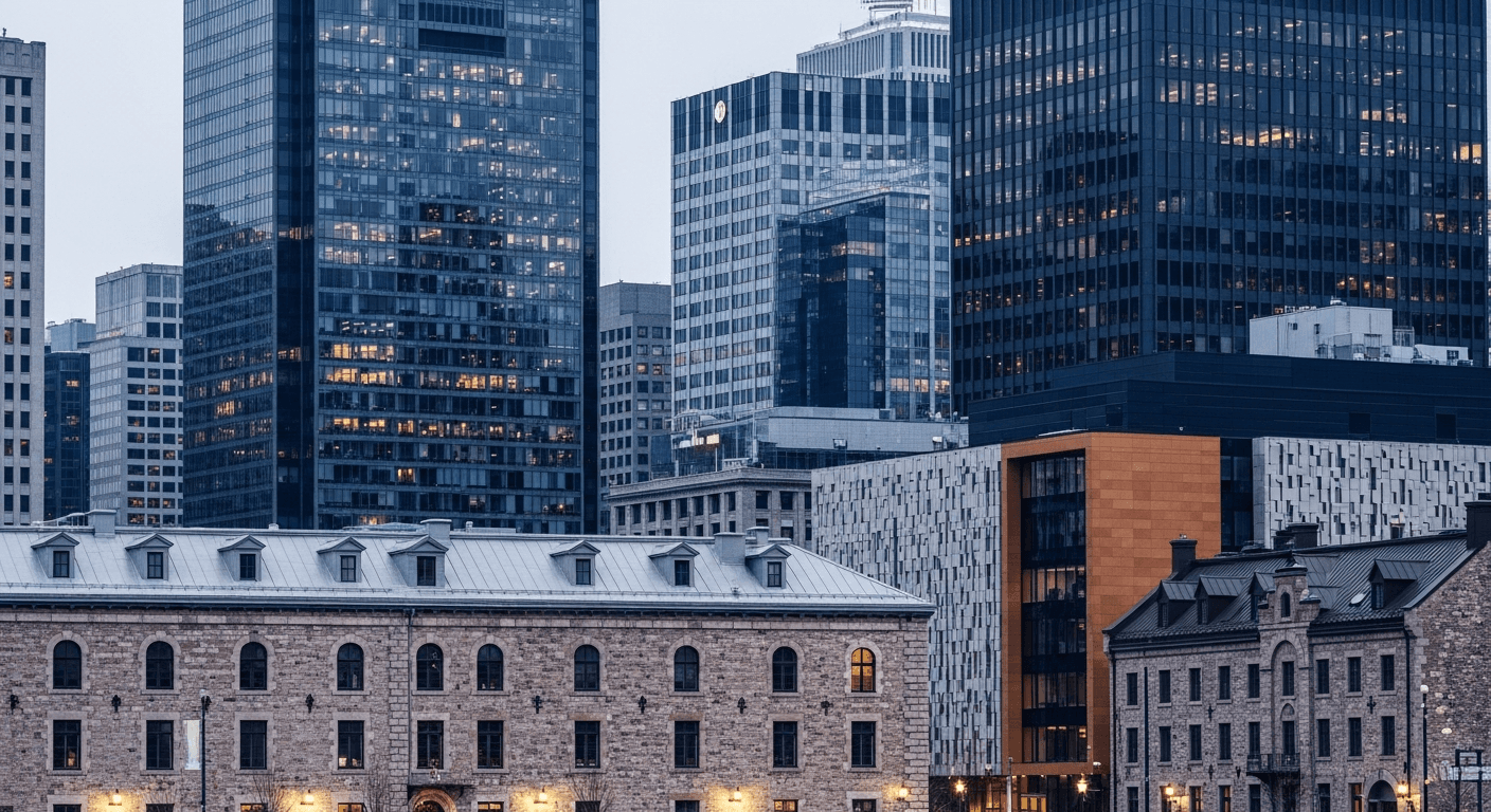 Montreal skyline with bilingual law firm office aesthetic