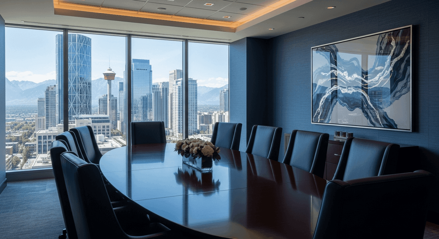 Calgary downtown towers with injury law firm conference room