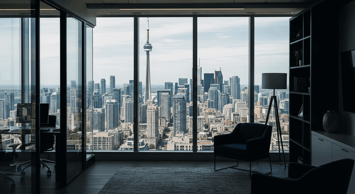 Toronto skyline with personal injury law firm office interior
