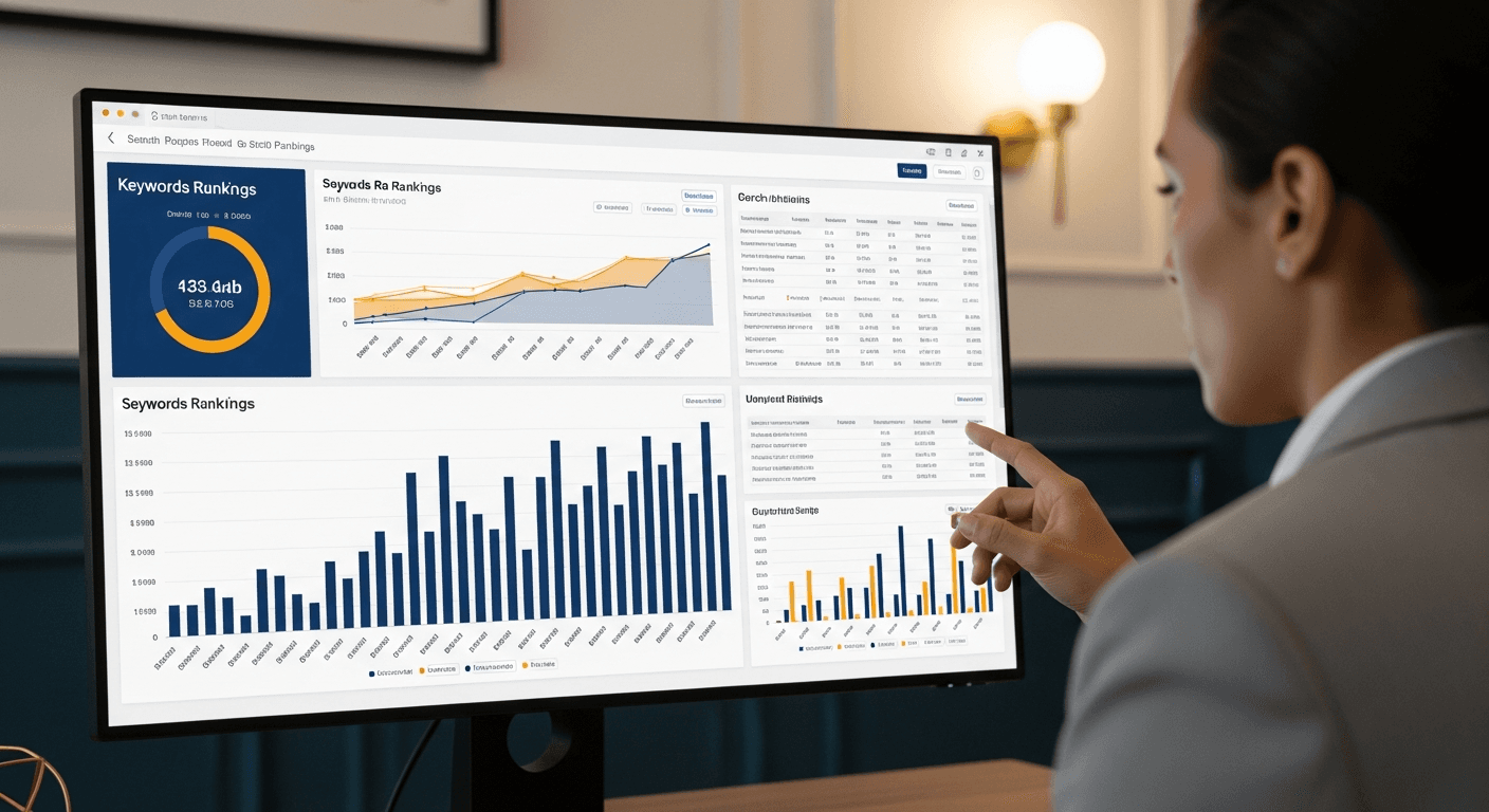 business law SEO strategist reviewing keyword rankings and local map pack results