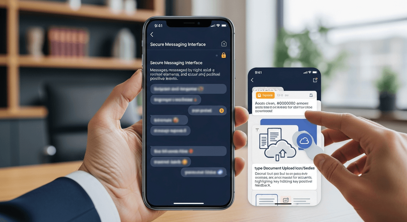 Family law firm client mobile app showing intake, case status, and document upload