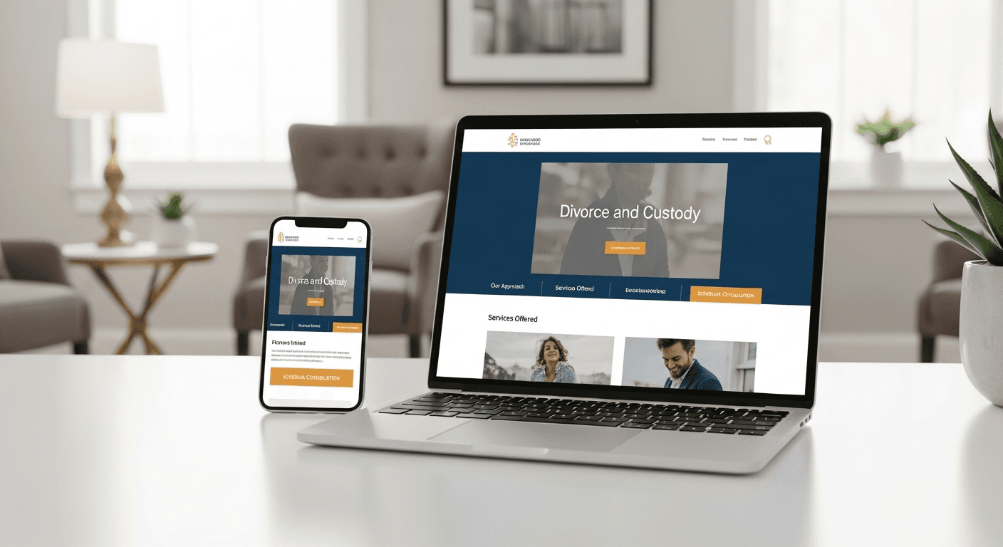 Family law firm website on laptop and mobile showing confidential intake conversion