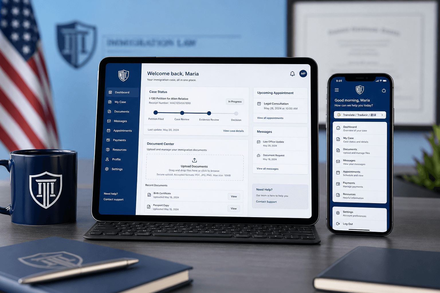 Immigration client portal on tablet and mobile showing case status and document upload