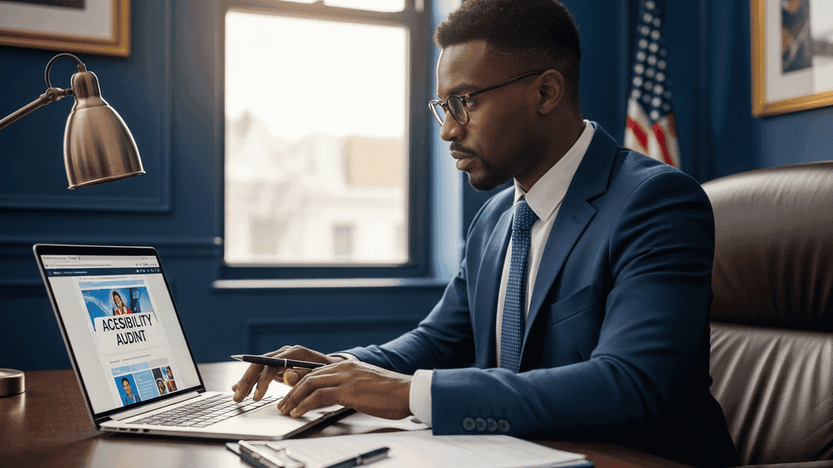 U.S. law firm managing partner reviewing website accessibility audit results on a laptop