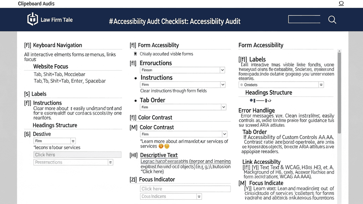 Accessibility audit checklist covering forms, keyboard, contrast, and PDFs
