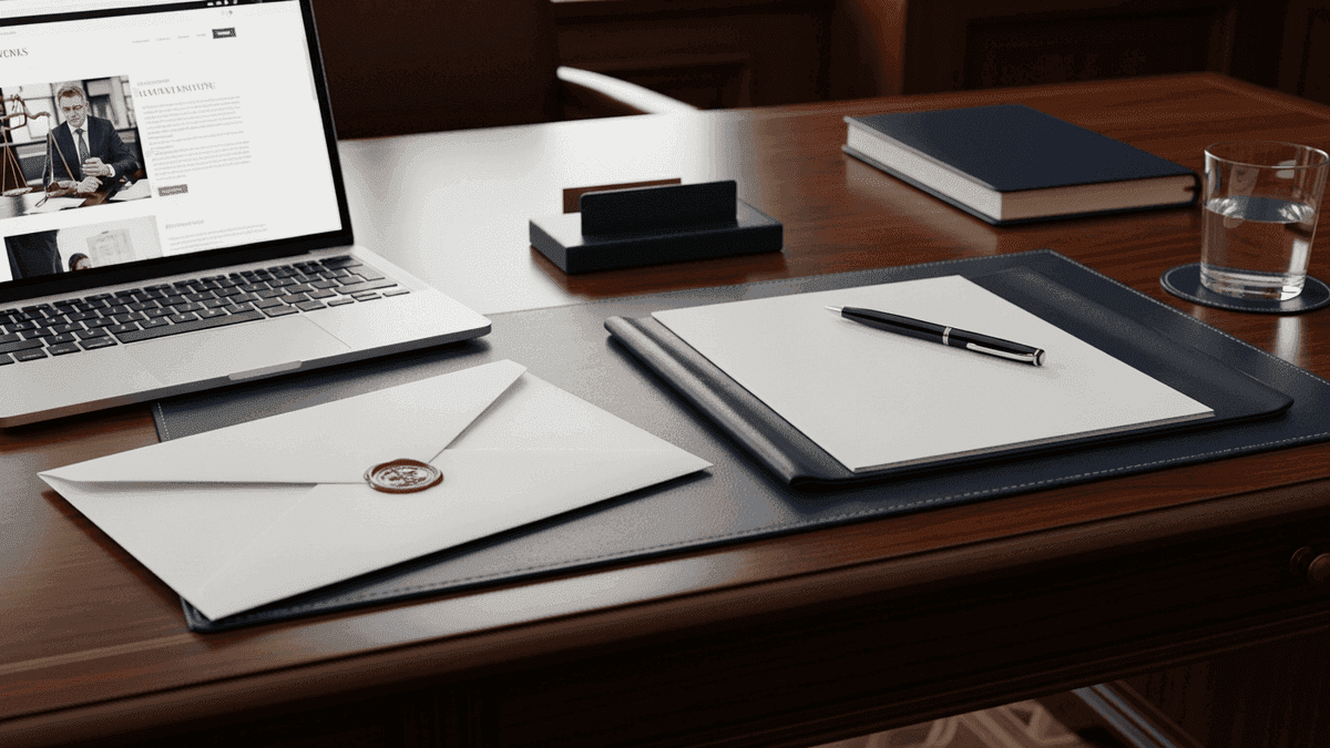 Demand letter and laptop showing inaccessible law firm website on a partner desk