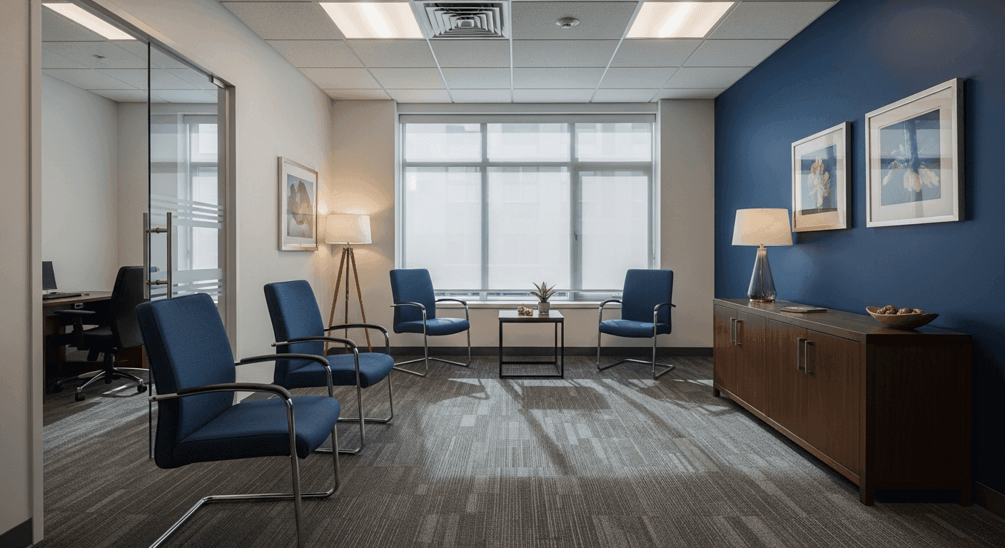Canadian criminal defence law firm consultation room with navy blue professional design