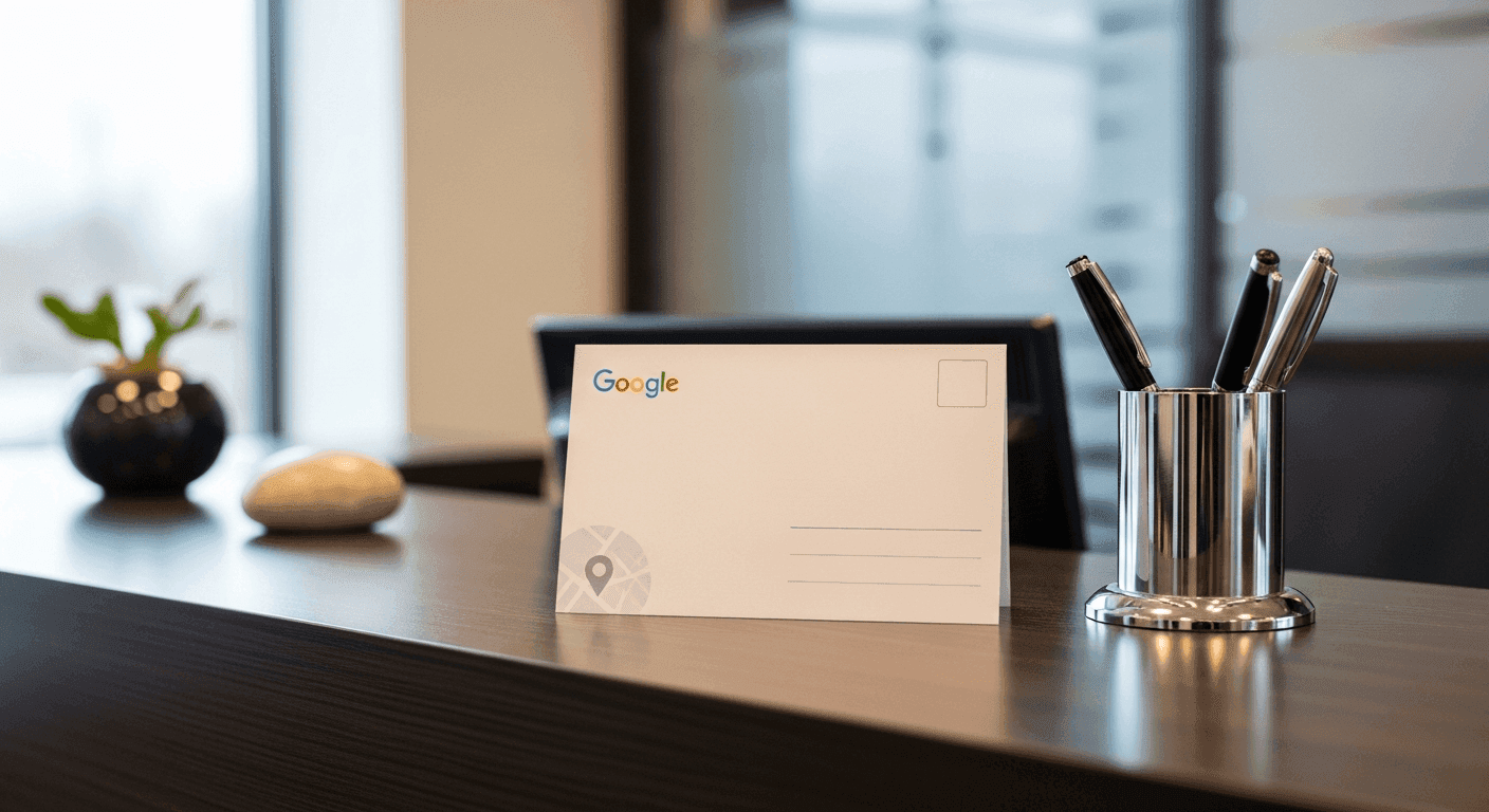 Google Business Profile verification postcard on a Canadian law firm reception desk