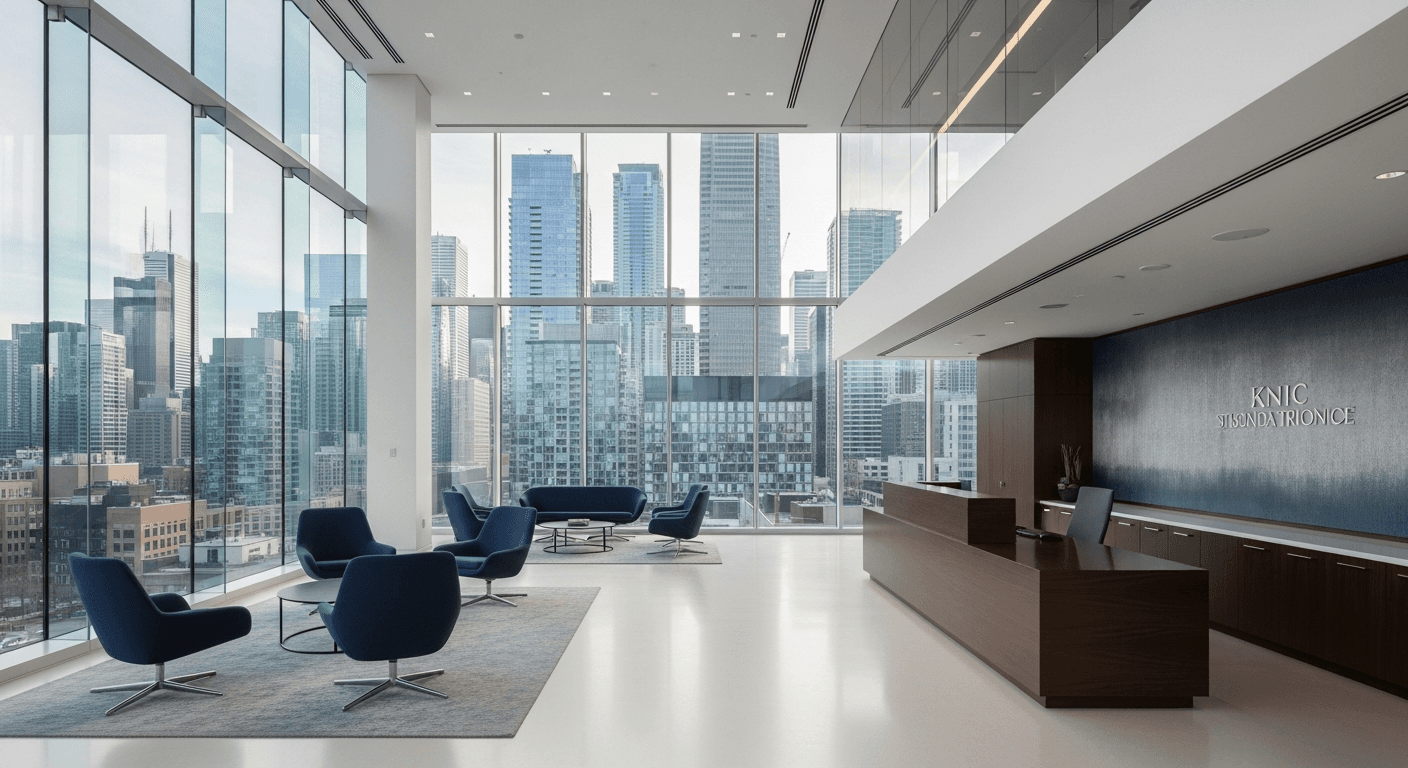 Modern Canadian law firm reception area with professional navy blue design