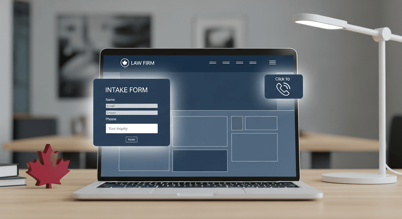 Law firm website wireframe highlighting intake and contact features