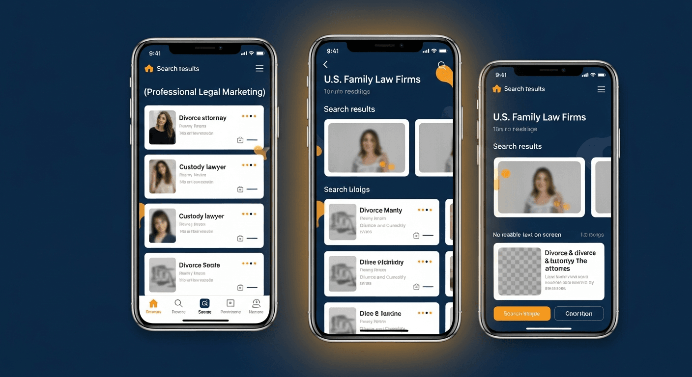 Search results showing U.S. family law firms for divorce and custody queries