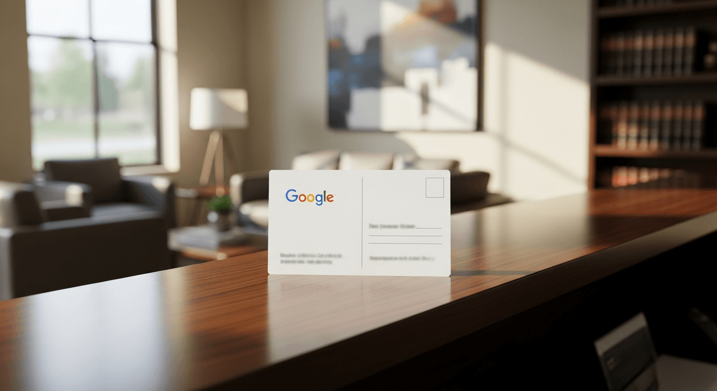 Google Business Profile verification postcard on a family law firm reception desk