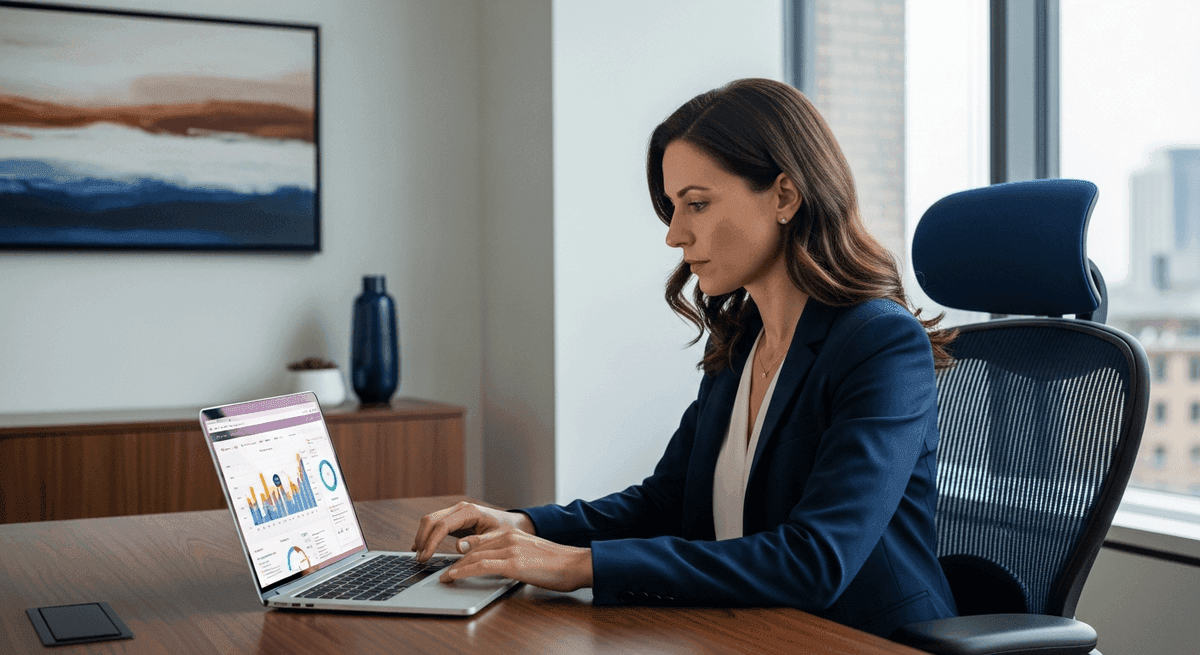 U.S. law firm managing partner reviewing website conversion metrics on a laptop in a modern office