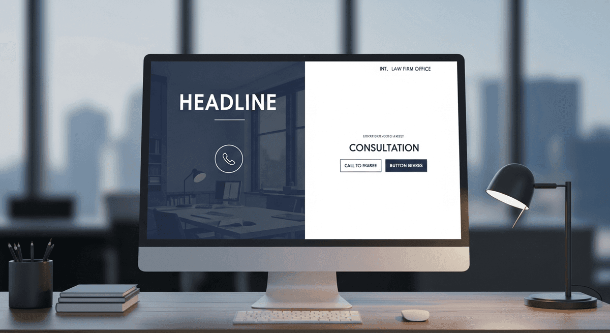 Law firm homepage above the fold showing clear practice area headline phone number and consultation CTA