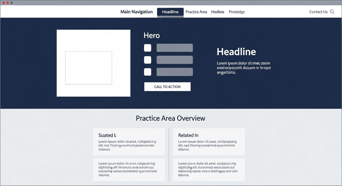Structured practice area page layout for a U.S. law firm with clear sections and CTA