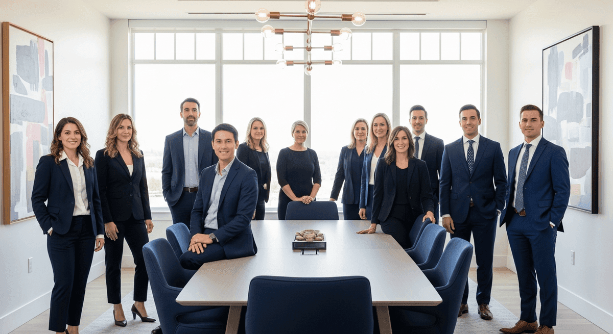 Real law firm team photo and client review stars on a website trust section