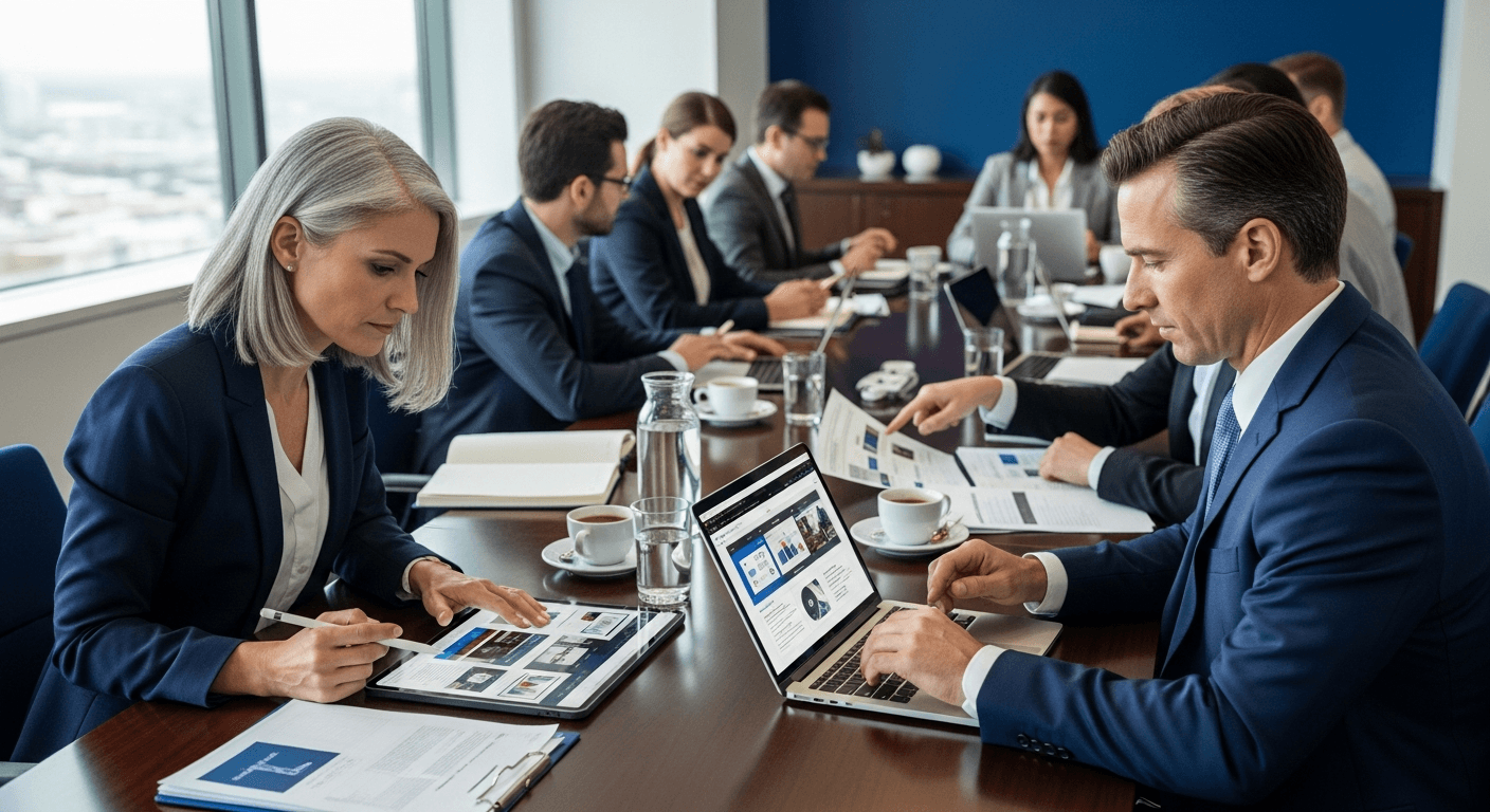 Canadian law firm managing partner reviewing web designer proposals at a conference table
