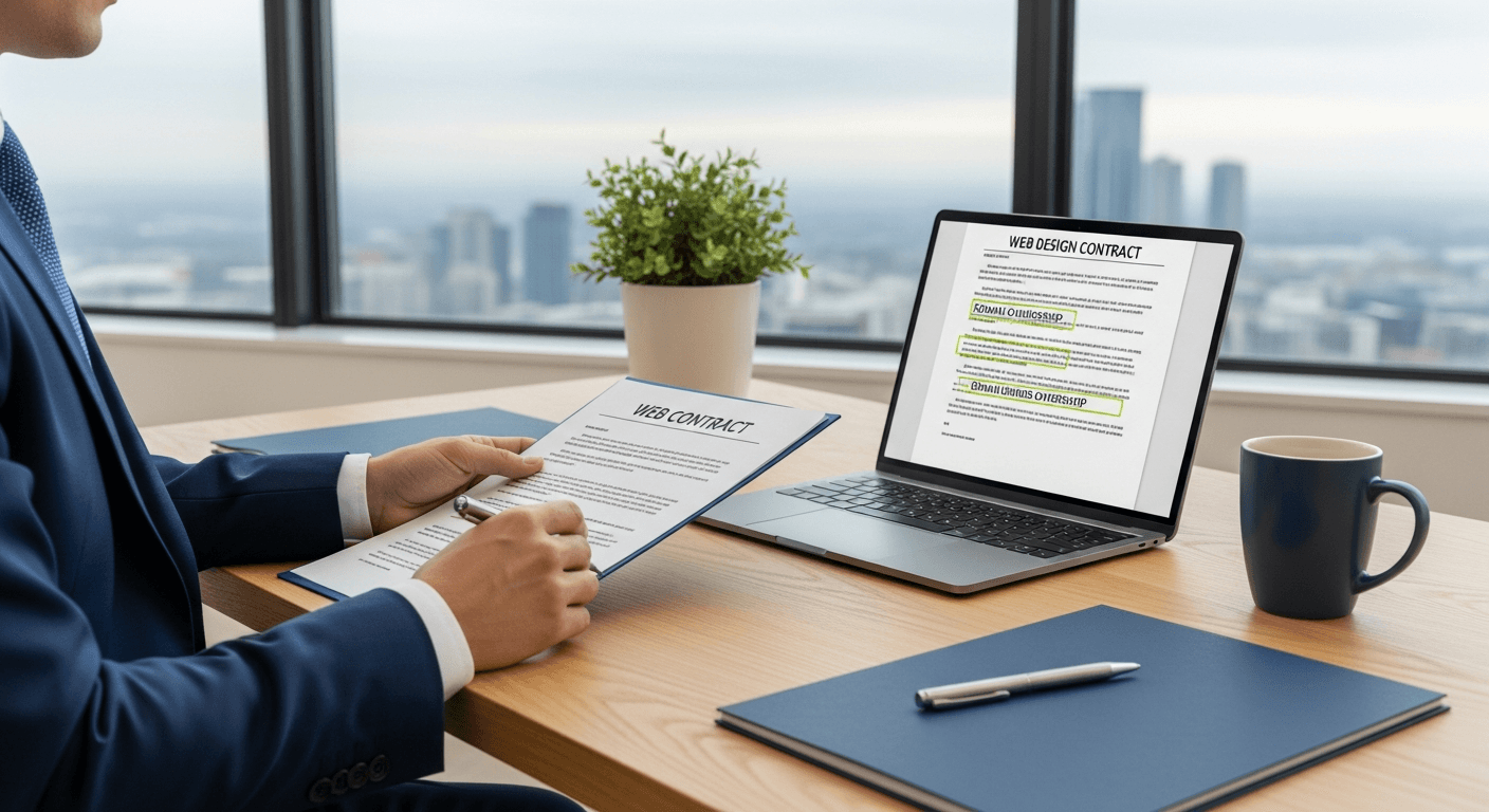 Law firm partner reviewing web design contract red flags including domain ownership clauses