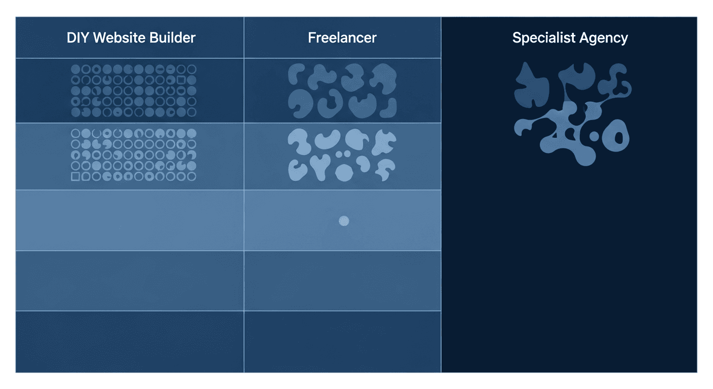 Decision matrix comparing DIY builders, freelancers, and specialist law firm web design agencies in Canada
