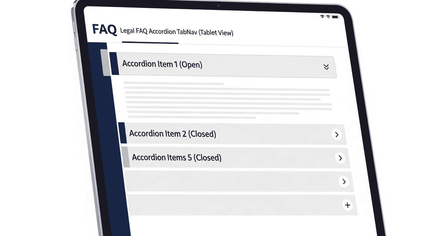FAQ accordion section on a Canadian law firm website tablet display