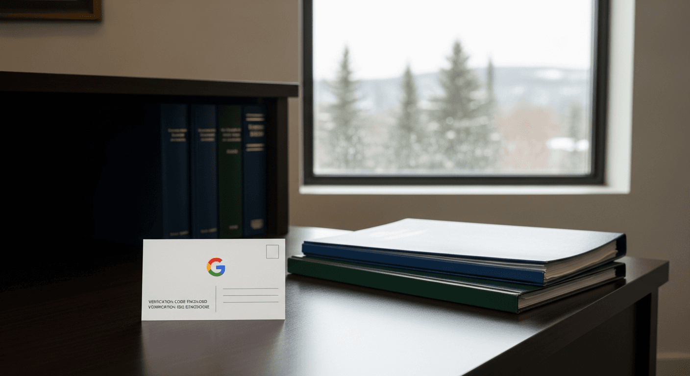 Google Business Profile verification postcard on a Canadian law firm reception desk