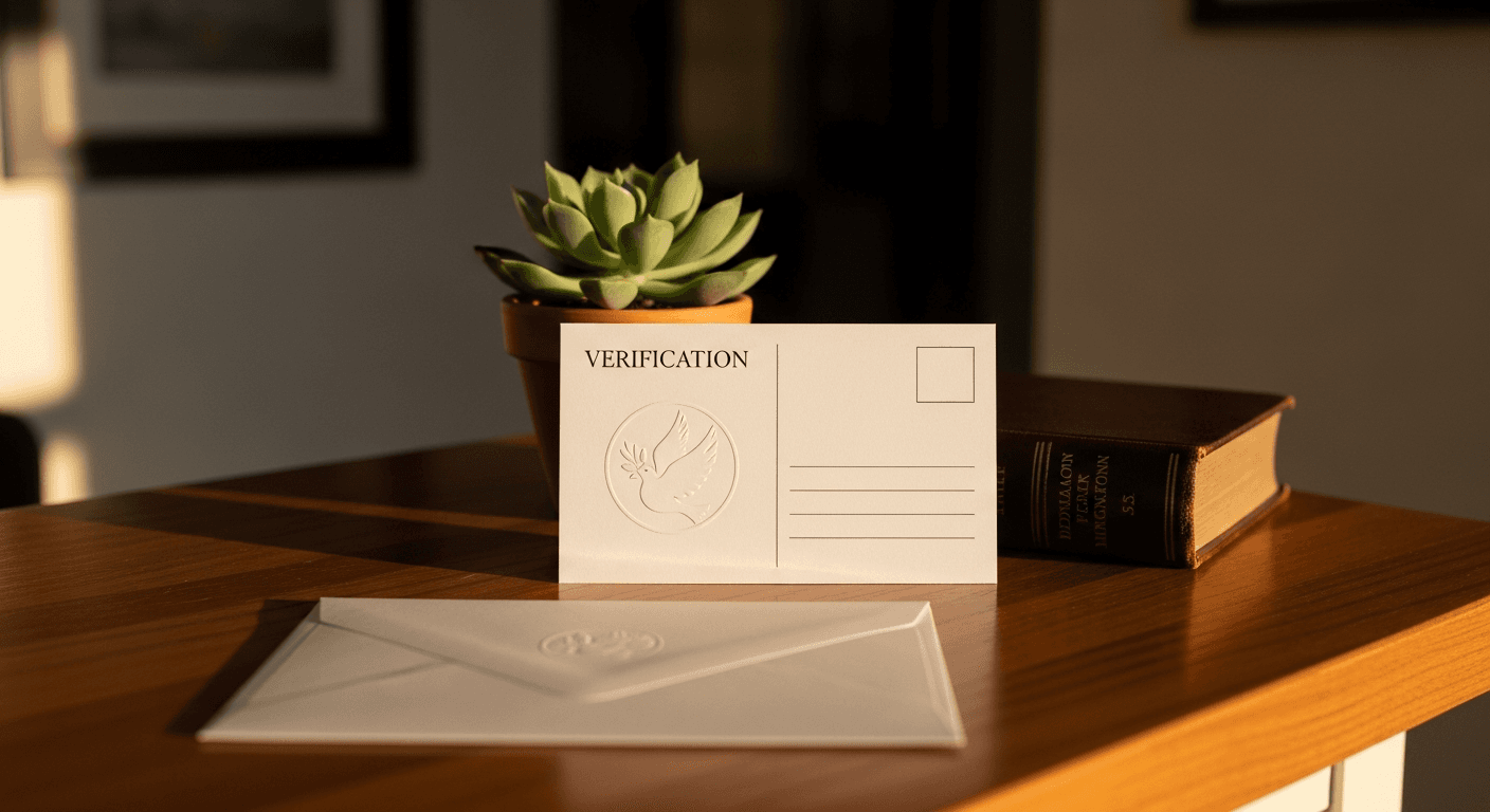 Google Business Profile verification postcard on an immigration law firm reception desk