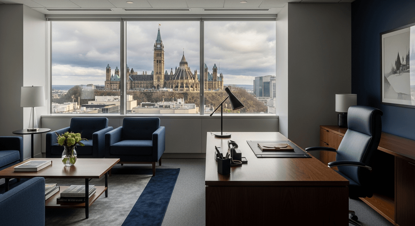 Ottawa parliament district skyline with law office interior