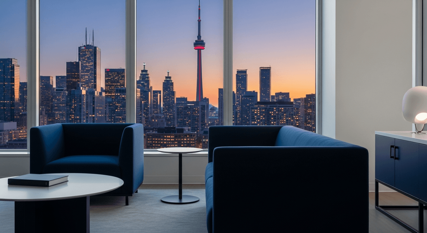 Toronto skyline with modern law firm office interior
