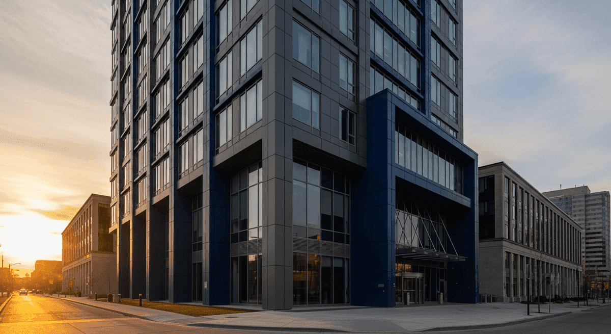 Canadian law firm building exterior with professional navy blue design