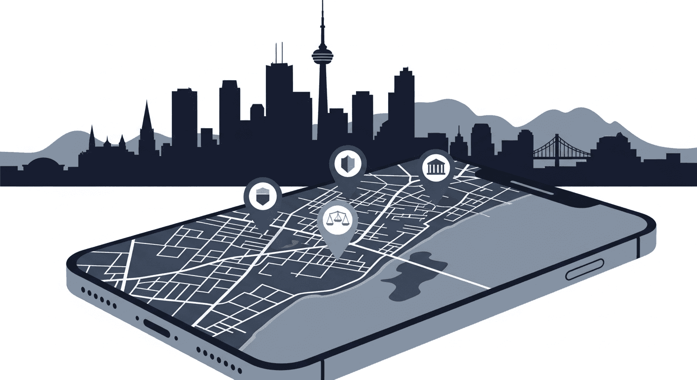 Map pack search results showing local law firms on a mobile phone in Canada