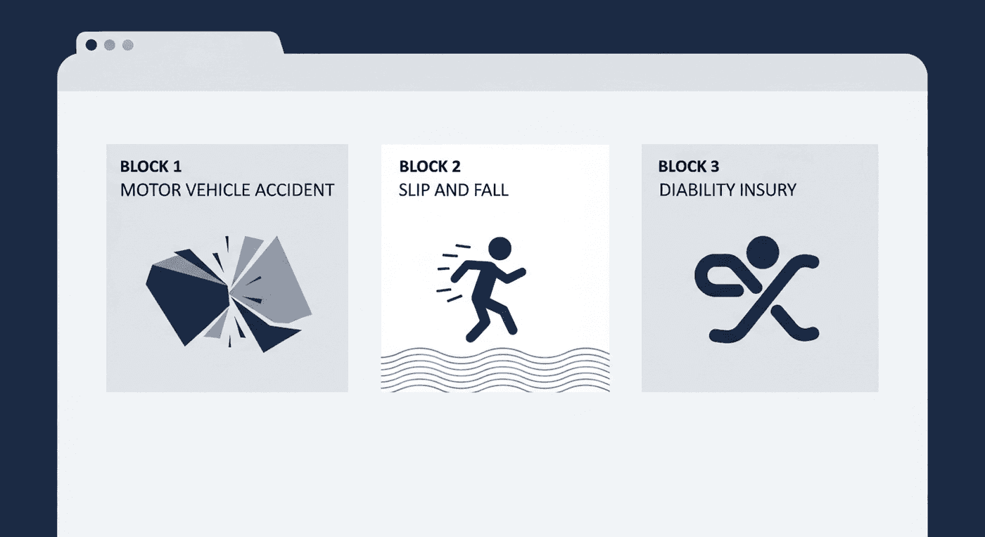 Separate injury practice area sections on a Canadian law firm website