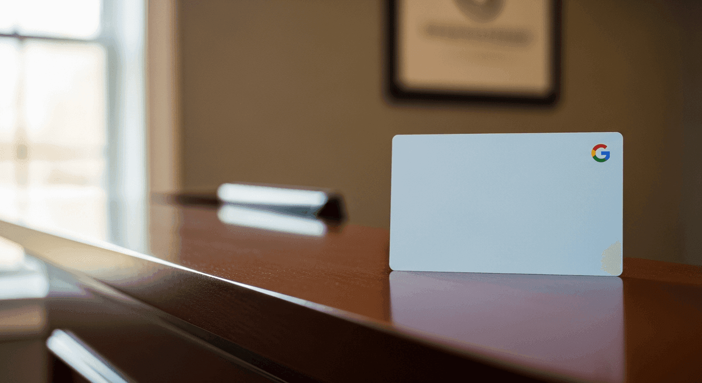 Google Business Profile verification postcard on a law firm reception desk