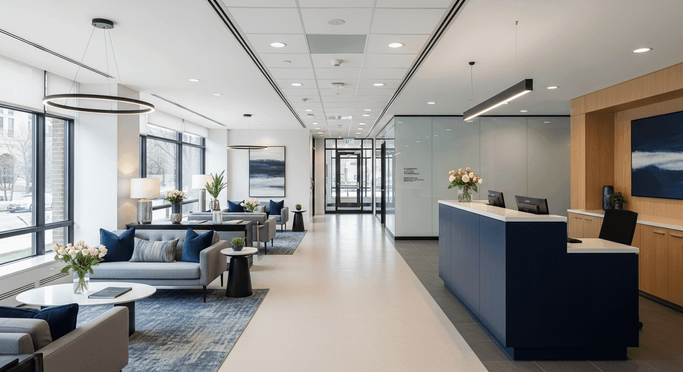 Modern Ontario law firm reception area with professional navy blue web design