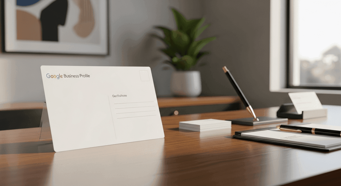 Google Business Profile verification postcard on an Ontario law firm reception desk