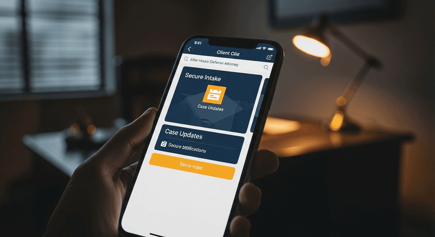 Criminal defense law firm client mobile app showing intake, case status, and document upload
