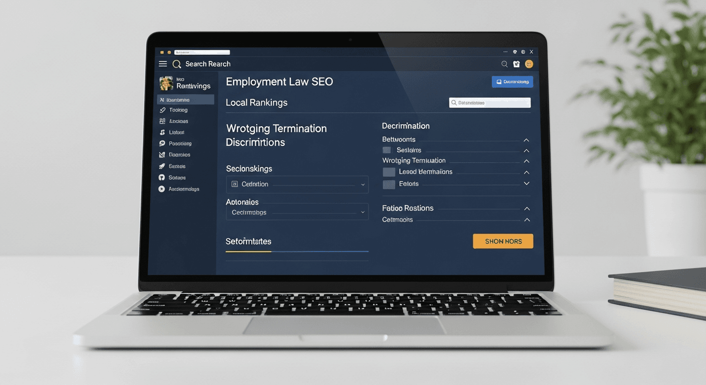 employment law SEO strategist reviewing keyword rankings and local map pack results