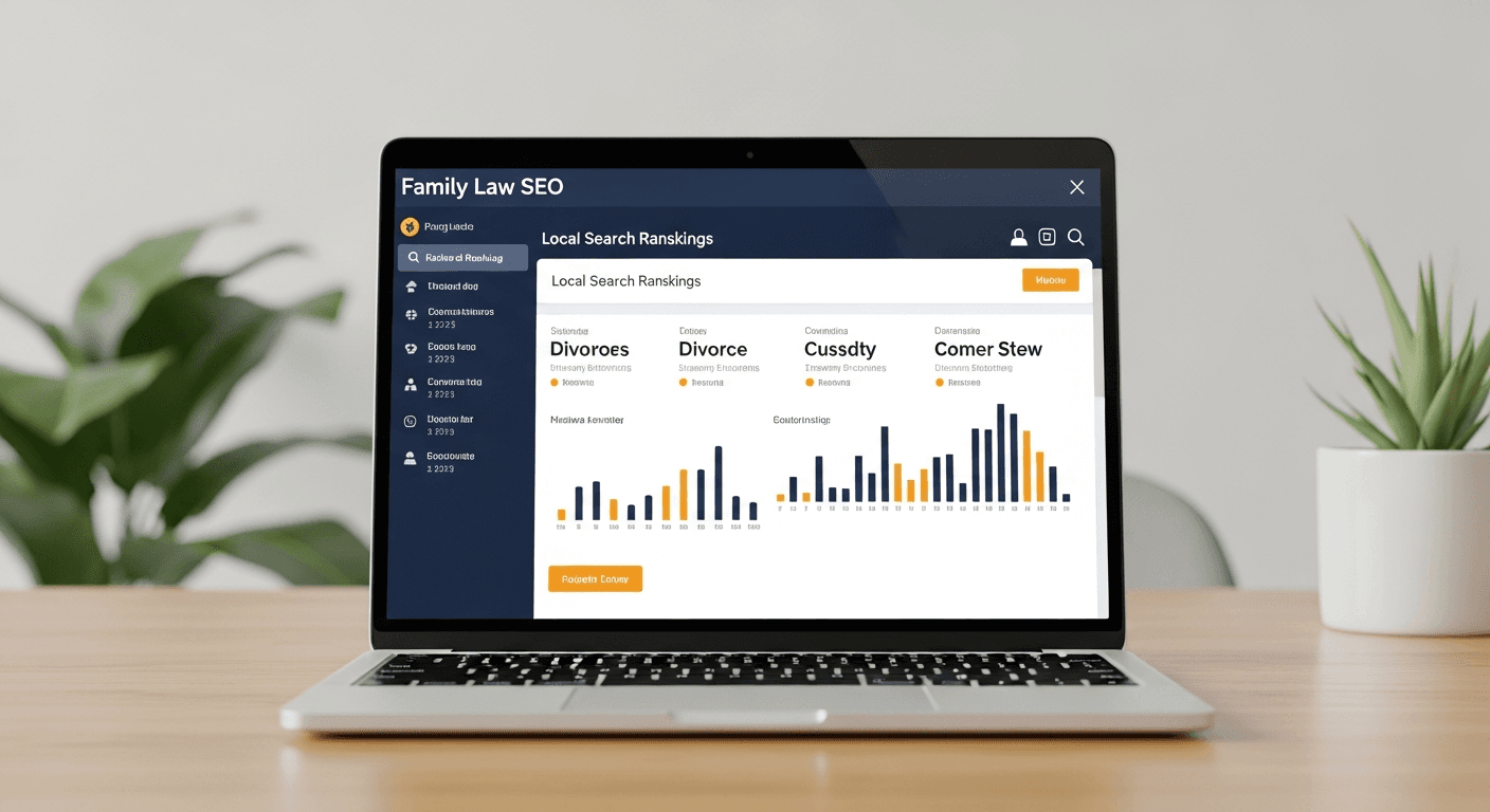 Family law SEO strategist reviewing keyword rankings and local map pack results