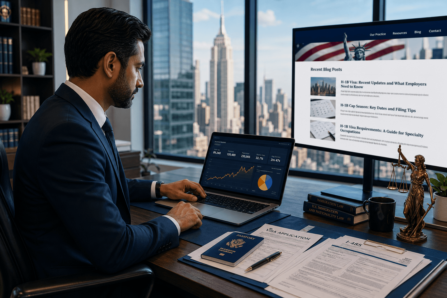 Immigration attorney reviewing content analytics and visa applications on desk