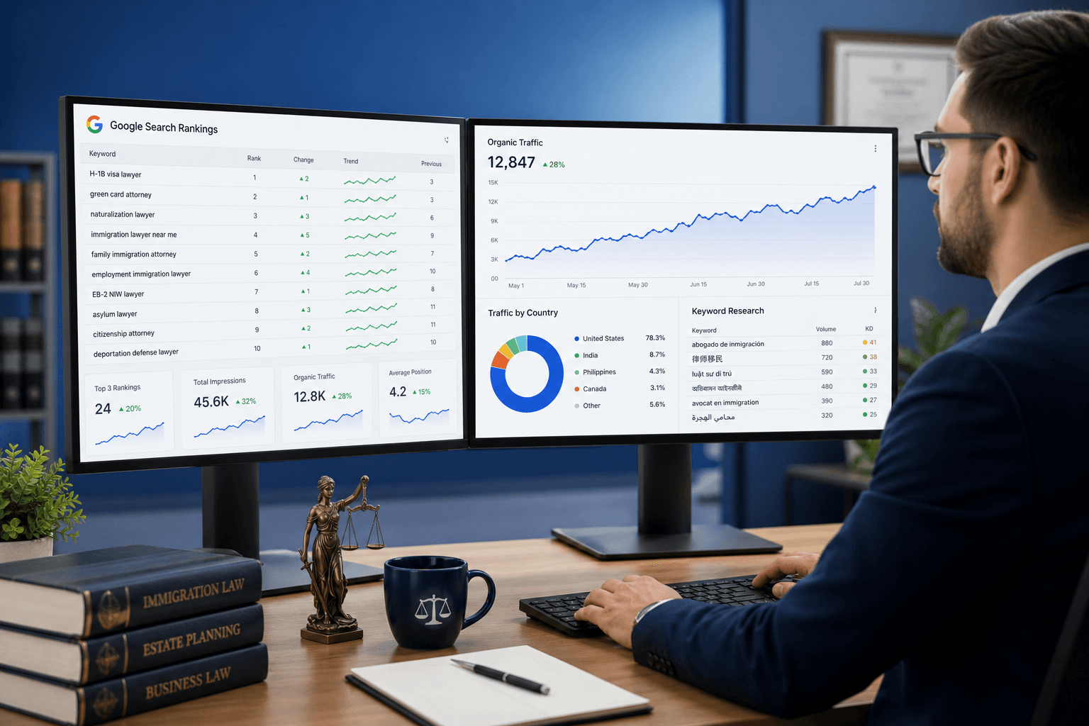 SEO analytics dashboard showing immigration law firm keyword rankings and traffic growth