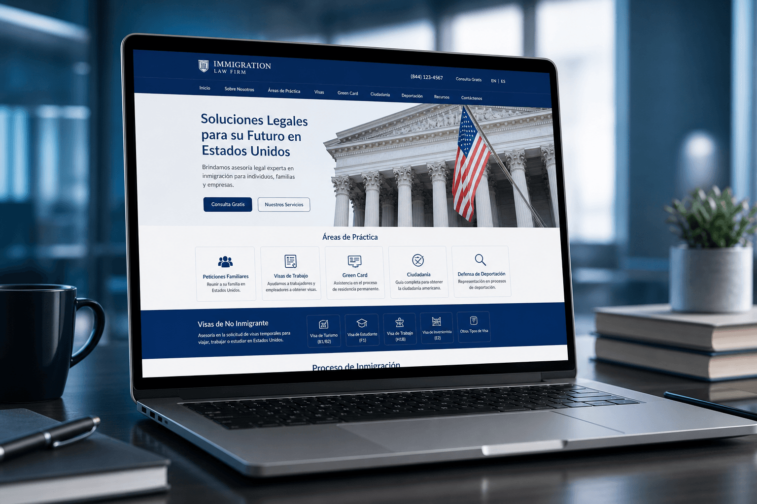 Immigration law firm multilingual website on laptop