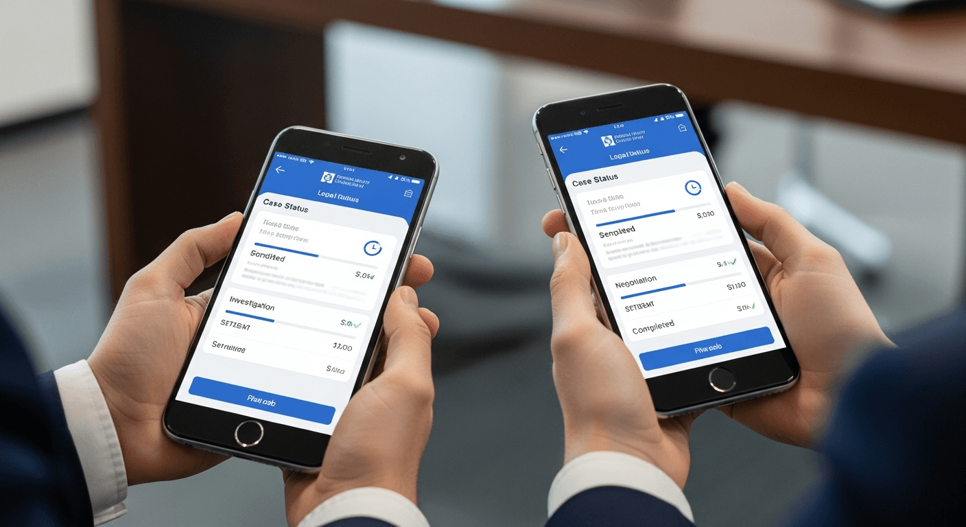 Personal injury law firm client mobile app showing intake, case status, and document upload